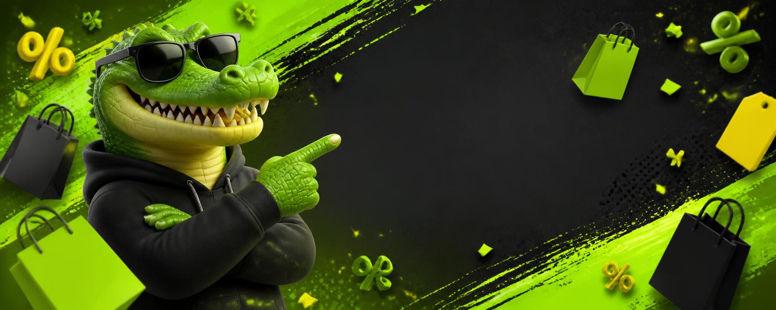Mascote jacaré Croco Promo apontando para ofertas